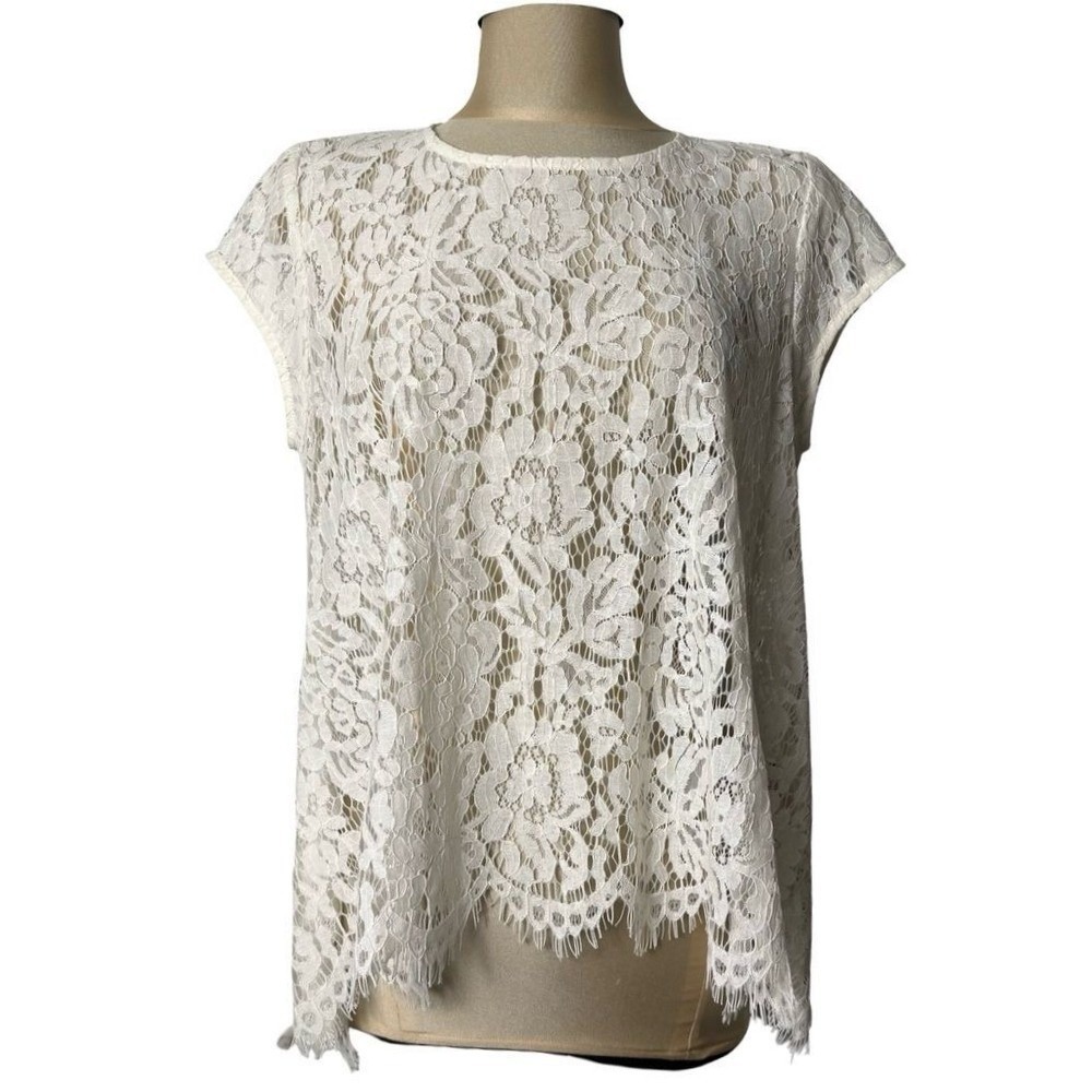Karen Kane Ivory Floral Lace Blouse Top M Sheer Scalloped Hem Made in USA